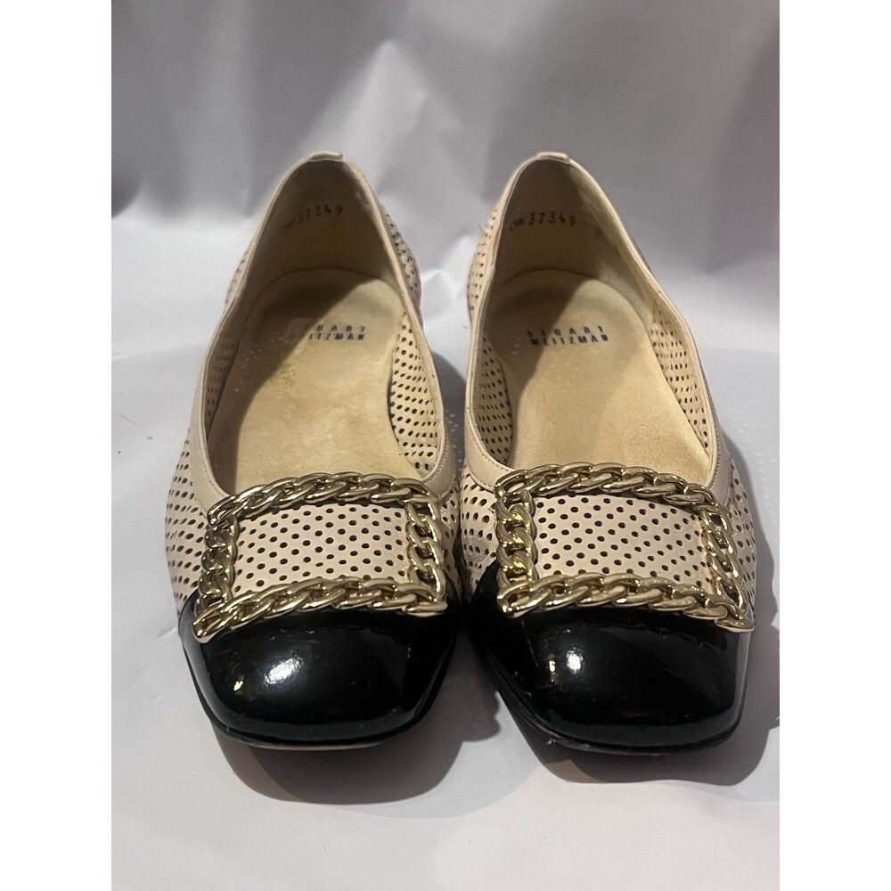 Stuart Weitzman Beige Black Chain Accent Cap Toe Flats Women's Size 7.5